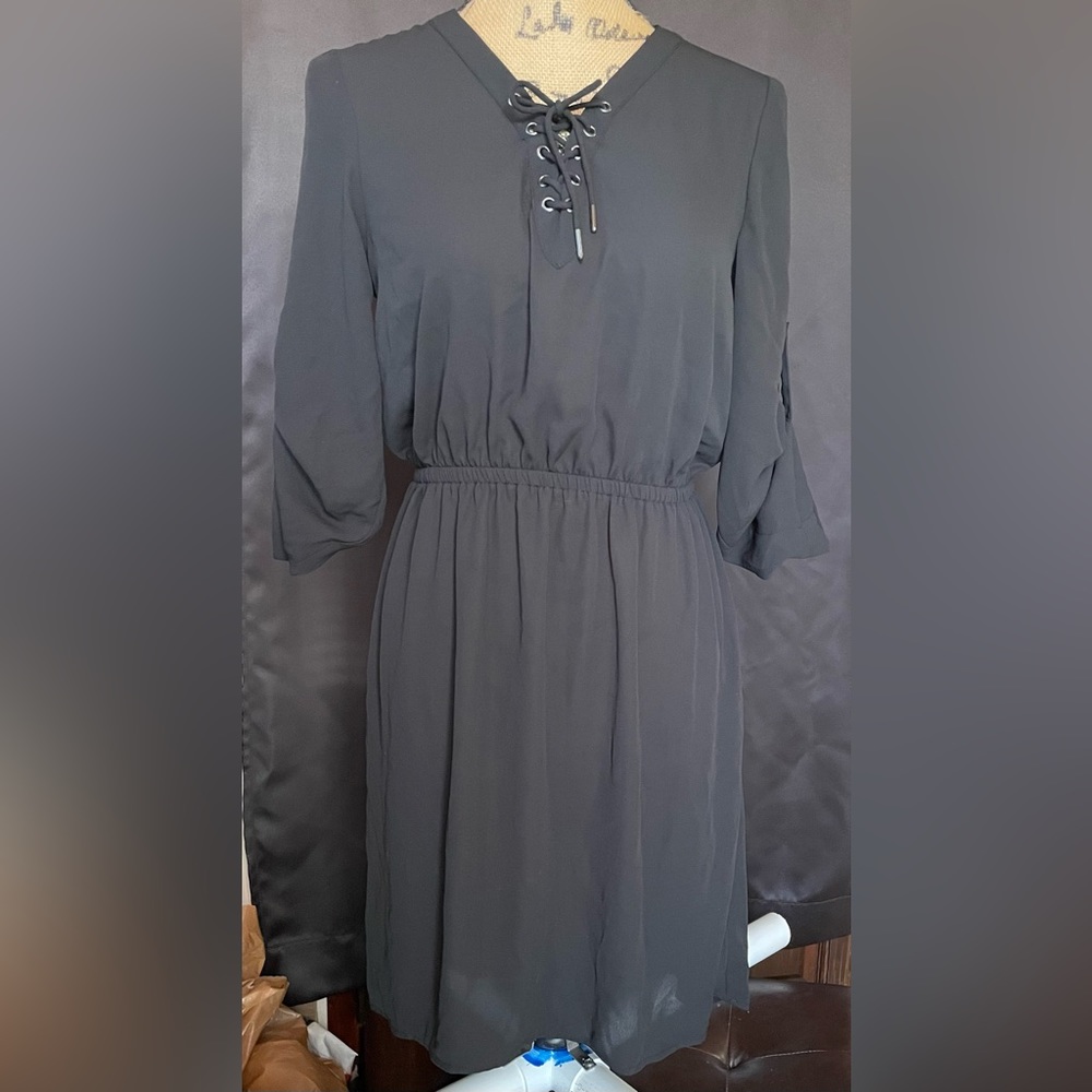 NWT Mossimo black sheer dress. Crosstie front and 3/4 length roll up sleeve XS